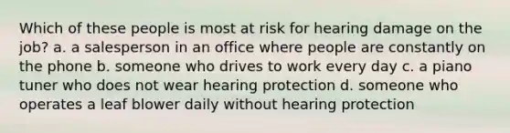 Which of these people is most at risk for hearing damage on the job? a. a salesperson in an office where people are constantly on the phone b. someone who drives to work every day c. a piano tuner who does not wear hearing protection d. someone who operates a leaf blower daily without hearing protection