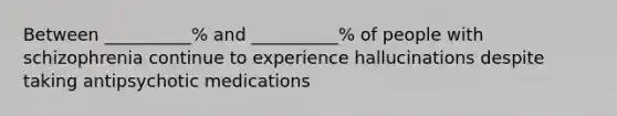 Between __________% and __________% of people with schizophrenia continue to experience hallucinations despite taking antipsychotic medications