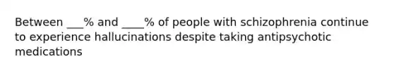 Between ___% and ____% of people with schizophrenia continue to experience hallucinations despite taking antipsychotic medications