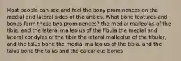 Most people can see and feel the bony prominences on the medial and lateral sides of the ankles. What bone features and bones form these two prominences? the medial malleolus of the tibia, and the lateral malleolus of the fibula the medial and lateral condyles of the tibia the lateral malleolus of the fibular, and the talus bone the medial malleolus of the tibia, and the talus bone the talus and the calcaneus bones