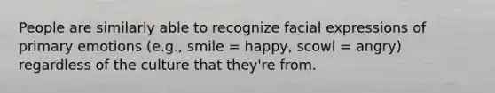 People are similarly able to recognize facial expressions of primary emotions (e.g., smile = happy, scowl = angry) regardless of the culture that they're from.