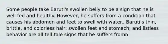 Some people take Baruti's swollen belly to be a sign that he is well fed and healthy. However, he suffers from a condition that causes his abdomen and feet to swell with water., Baruti's thin, brittle, and colorless hair; swollen feet and stomach; and listless behavior are all tell-tale signs that he suffers fromn