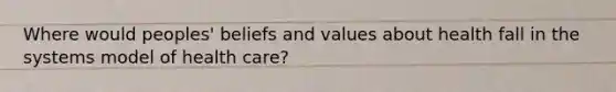 Where would peoples' beliefs and values about health fall in the systems model of health care?