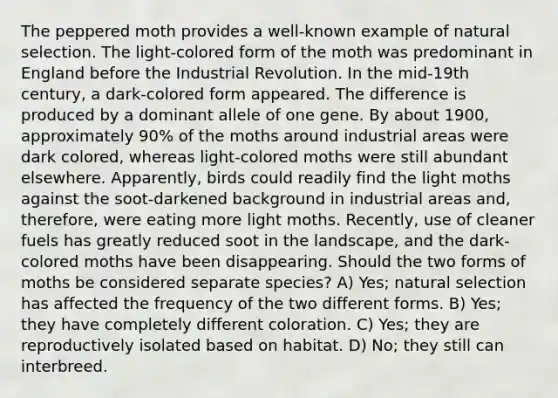 The peppered moth provides a well-known example of natural selection. The light-colored form of the moth was predominant in England before the Industrial Revolution. In the mid-19th century, a dark-colored form appeared. The difference is produced by a dominant allele of one gene. By about 1900, approximately 90% of the moths around industrial areas were dark colored, whereas light-colored moths were still abundant elsewhere. Apparently, birds could readily find the light moths against the soot-darkened background in industrial areas and, therefore, were eating more light moths. Recently, use of cleaner fuels has greatly reduced soot in the landscape, and the dark-colored moths have been disappearing. Should the two forms of moths be considered separate species? A) Yes; natural selection has affected the frequency of the two different forms. B) Yes; they have completely different coloration. C) Yes; they are reproductively isolated based on habitat. D) No; they still can interbreed.