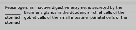 Pepsinogen, an inactive digestive enzyme, is secreted by the ________. -Brunner's glands in the duodenum -chief cells of the stomach -goblet cells of the small intestine -parietal cells of the stomach