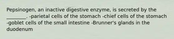 Pepsinogen, an inactive digestive enzyme, is secreted by the ________. -parietal cells of the stomach -chief cells of the stomach -goblet cells of the small intestine -Brunner's glands in the duodenum