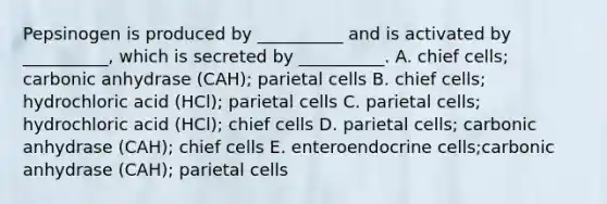 Pepsinogen is produced by __________ and is activated by __________, which is secreted by __________. A. chief cells; carbonic anhydrase (CAH); parietal cells B. chief cells; hydrochloric acid (HCl); parietal cells C. parietal cells; hydrochloric acid (HCl); chief cells D. parietal cells; carbonic anhydrase (CAH); chief cells E. enteroendocrine cells;carbonic anhydrase (CAH); parietal cells