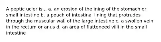 A peptic ucler is... a. an erosion of the ining of <a href='https://www.questionai.com/knowledge/kLccSGjkt8-the-stomach' class='anchor-knowledge'>the stomach</a> or small intestine b. a pouch of intestinal lining that protrudes through the muscular wall of the <a href='https://www.questionai.com/knowledge/kGQjby07OK-large-intestine' class='anchor-knowledge'>large intestine</a> c. a swollen vein in the rectum or anus d. an area of flatteneed villi in <a href='https://www.questionai.com/knowledge/kt623fh5xn-the-small-intestine' class='anchor-knowledge'>the small intestine</a>