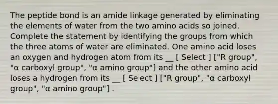 The peptide bond is an amide linkage generated by eliminating the elements of water from the two <a href='https://www.questionai.com/knowledge/k9gb720LCl-amino-acids' class='anchor-knowledge'>amino acids</a> so joined. Complete the statement by identifying the groups from which the three atoms of water are eliminated. One amino acid loses an oxygen and hydrogen atom from its __ [ Select ] ["R group", "α carboxyl group", "α amino group"] and the other amino acid loses a hydrogen from its __ [ Select ] ["R group", "α carboxyl group", "α amino group"] .