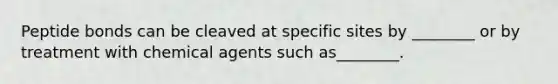 Peptide bonds can be cleaved at specific sites by ________ or by treatment with chemical agents such as________.