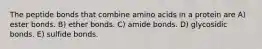 The peptide bonds that combine amino acids in a protein are A) ester bonds. B) ether bonds. C) amide bonds. D) glycosidic bonds. E) sulfide bonds.