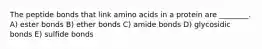 The peptide bonds that link amino acids in a protein are ________. A) ester bonds B) ether bonds C) amide bonds D) glycosidic bonds E) sulfide bonds