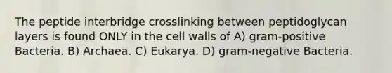 The peptide interbridge crosslinking between peptidoglycan layers is found ONLY in the cell walls of A) gram-positive Bacteria. B) Archaea. C) Eukarya. D) gram-negative Bacteria.