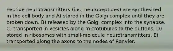 Peptide neurotransmitters (i.e., neuropeptides) are synthesized in the cell body and A) stored in the Golgi complex until they are broken down. B) released by the Golgi complex into <a href='https://www.questionai.com/knowledge/kTCXU7vaKU-the-synapse' class='anchor-knowledge'>the synapse</a>. C) transported in vesicles along microtubules to the buttons. D) stored in ribosomes with small-molecule neurotransmitters. E) transported along the axons to the nodes of Ranvier.