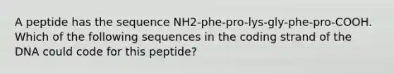 A peptide has the sequence NH2-phe-pro-lys-gly-phe-pro-COOH. Which of the following sequences in the coding strand of the DNA could code for this peptide?