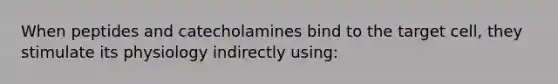 When peptides and catecholamines bind to the target cell, they stimulate its physiology indirectly using: