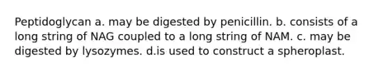 Peptidoglycan a. may be digested by penicillin. b. consists of a long string of NAG coupled to a long string of NAM. c. may be digested by lysozymes. d.is used to construct a spheroplast.