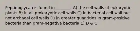 Peptidoglycan is found in________. A) the cell walls of eukaryotic plants B) in all prokaryotic cell walls C) in bacterial cell wall but not archaeal cell walls D) in greater quantities in gram-positive bacteria than gram-negative bacteria E) D & C