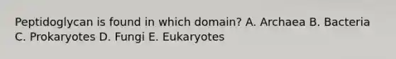 Peptidoglycan is found in which domain? A. Archaea B. Bacteria C. Prokaryotes D. Fungi E. Eukaryotes