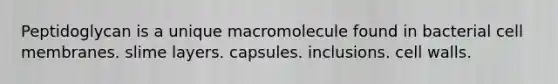 Peptidoglycan is a unique macromolecule found in bacterial cell membranes. slime layers. capsules. inclusions. cell walls.