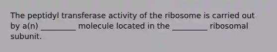 The peptidyl transferase activity of the ribosome is carried out by a(n) _________ molecule located in the _________ ribosomal subunit.