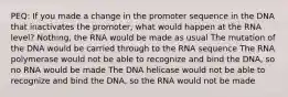 PEQ: If you made a change in the promoter sequence in the DNA that inactivates the promoter, what would happen at the RNA level? Nothing, the RNA would be made as usual The mutation of the DNA would be carried through to the RNA sequence The RNA polymerase would not be able to recognize and bind the DNA, so no RNA would be made The DNA helicase would not be able to recognize and bind the DNA, so the RNA would not be made