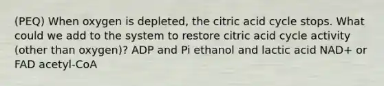 (PEQ) When oxygen is depleted, the citric acid cycle stops. What could we add to the system to restore citric acid cycle activity (other than oxygen)? ADP and Pi ethanol and lactic acid NAD+ or FAD acetyl-CoA