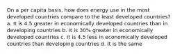 On a per capita basis, how does energy use in the most developed countries compare to the least developed countries? a. It is 4.5 greater in economically developed countries than in developing countries b. It is 30% greater in economically developed countries c. It is 4.5 less in economically developed countries than developing countries d. It is the same