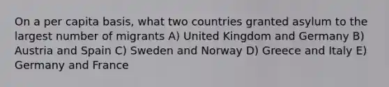 On a per capita basis, what two countries granted asylum to the largest number of migrants A) United Kingdom and Germany B) Austria and Spain C) Sweden and Norway D) Greece and Italy E) Germany and France