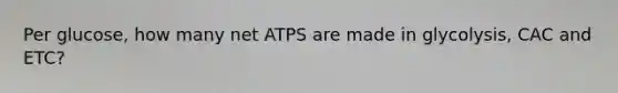 Per glucose, how many net ATPS are made in glycolysis, CAC and ETC?