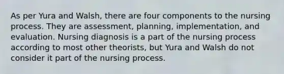 As per Yura and Walsh, there are four components to the nursing process. They are assessment, planning, implementation, and evaluation. Nursing diagnosis is a part of the nursing process according to most other theorists, but Yura and Walsh do not consider it part of the nursing process.