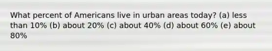 What percent of Americans live in urban areas today? (a) less than 10% (b) about 20% (c) about 40% (d) about 60% (e) about 80%