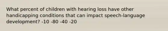 What percent of children with hearing loss have other handicapping conditions that can impact speech-language development? -10 -80 -40 -20