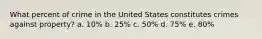 What percent of crime in the United States constitutes crimes against property? a. 10% b. 25% c. 50% d. 75% e. 80%