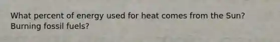 What percent of energy used for heat comes from the Sun? Burning fossil fuels?