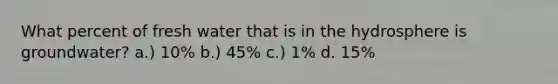 What percent of fresh water that is in the hydrosphere is groundwater? a.) 10% b.) 45% c.) 1% d. 15%