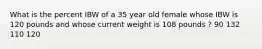 What is the percent IBW of a 35 year old female whose IBW is 120 pounds and whose current weight is 108 pounds ? 90 132 110 120