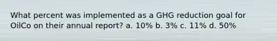 What percent was implemented as a GHG reduction goal for OilCo on their annual report? a. 10% b. 3% c. 11% d. 50%