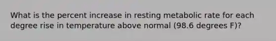 What is the percent increase in resting metabolic rate for each degree rise in temperature above normal (98.6 degrees F)?