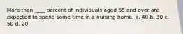 More than ____ percent of individuals aged 65 and over are expected to spend some time in a nursing home. a. 40 b. 30 c. 50 d. 20