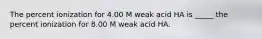 The percent ionization for 4.00 M weak acid HA is _____ the percent ionization for 8.00 M weak acid HA.