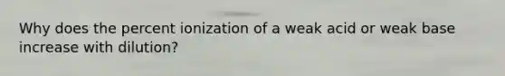 Why does the percent ionization of a weak acid or weak base increase with dilution?