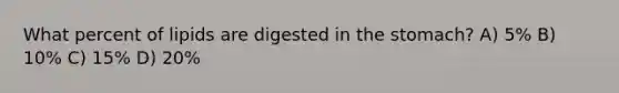 What percent of lipids are digested in <a href='https://www.questionai.com/knowledge/kLccSGjkt8-the-stomach' class='anchor-knowledge'>the stomach</a>? A) 5% B) 10% C) 15% D) 20%