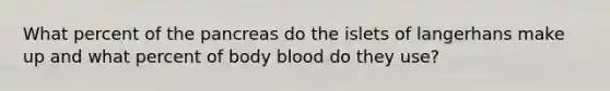 What percent of the pancreas do the islets of langerhans make up and what percent of body blood do they use?