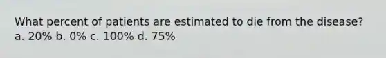 What percent of patients are estimated to die from the disease? a. 20% b. 0% c. 100% d. 75%