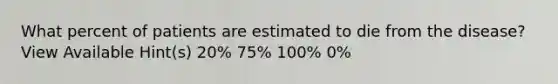 What percent of patients are estimated to die from the disease? View Available Hint(s) 20% 75% 100% 0%