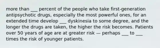 <a href='https://www.questionai.com/knowledge/keWHlEPx42-more-than' class='anchor-knowledge'>more than</a> ___ percent of the people who take first-generation antipsychotic drugs, especially the most powerful ones, for an extended time develop ___ dyskinesia to some degree, and the longer the drugs are taken, the higher the risk becomes. Patients over 50 years of age are at greater risk — perhaps ___ to ___ times the risk of younger patients.