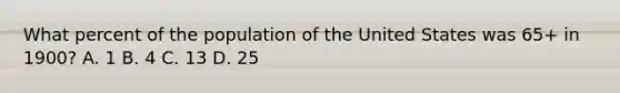 What percent of the population of the United States was 65+ in 1900? A. 1 B. 4 C. 13 D. 25