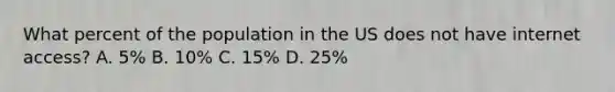 What percent of the population in the US does not have internet access? A. 5% B. 10% C. 15% D. 25%