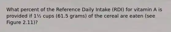 What percent of the Reference Daily Intake (RDI) for vitamin A is provided if 1½ cups (61.5 grams) of the cereal are eaten (see Figure 2.11)?